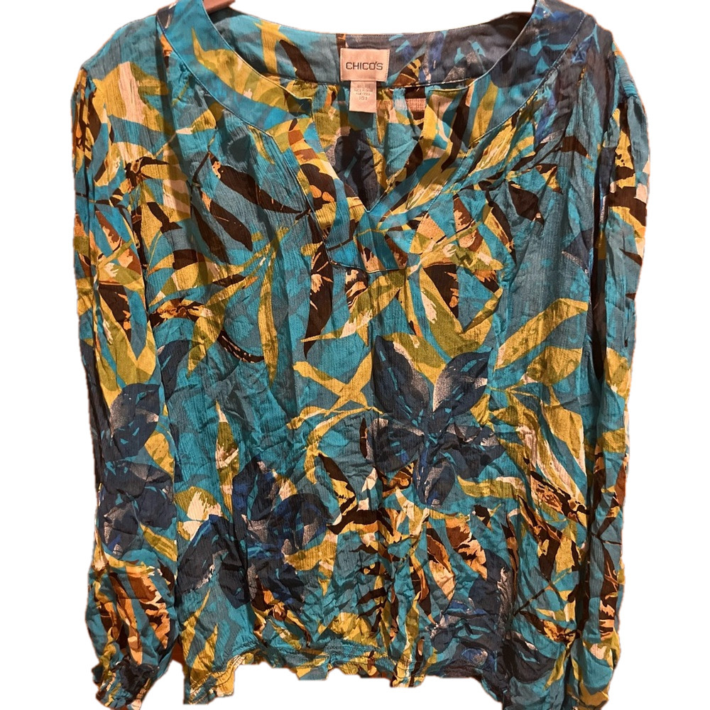 Chico's Teal Leaf Print Long-Sleeve Top Size 3/XL
